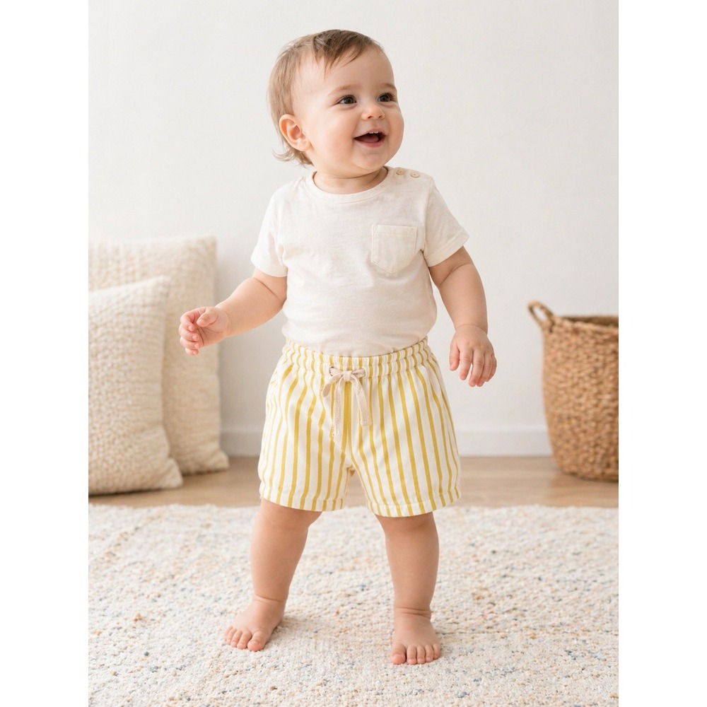 Pehr Baby Organic Cotton Yellow White Stripe Shorts 6-9M Drawstring Summer NWT